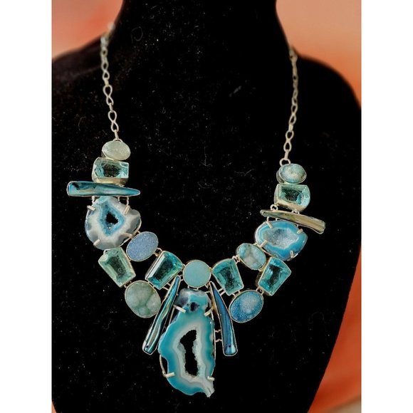 OCEAN BLUE DRUZY Sparkles Blue Topaz Pearls NECKLACE 925 Silver BRACELET Topaz